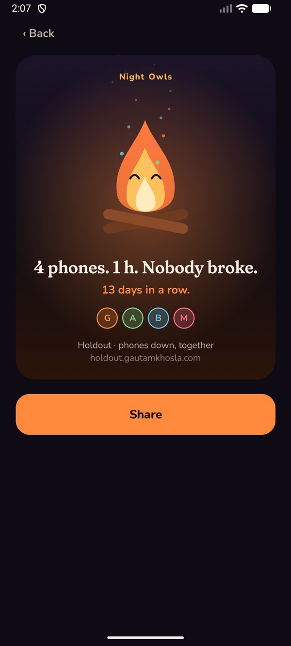 A share card: 4 phones, 1 hour, nobody broke, 13 days in a row