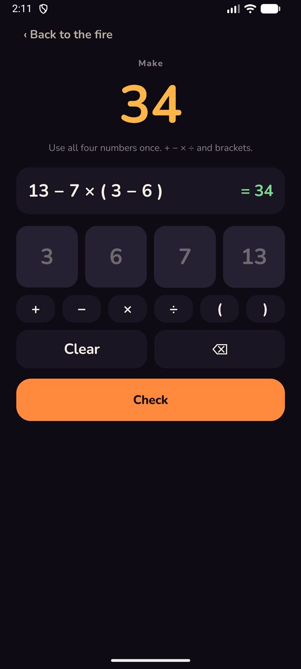 Today's puzzle: make 34 from 3, 6, 7 and 13. The answer 13 − 7 × (3 − 6) equals 34