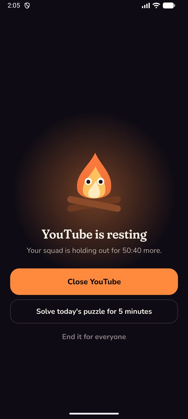 The shield: YouTube is resting. Close YouTube, or solve today's puzzle for 5 minutes